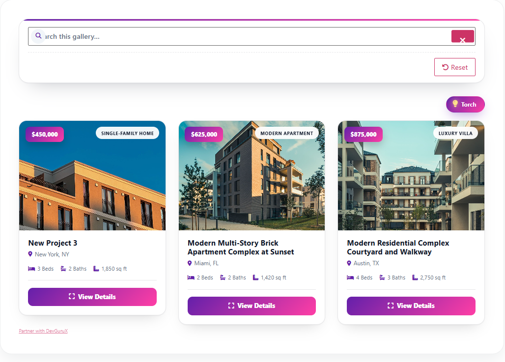 Property Showcase layout demo with property cards