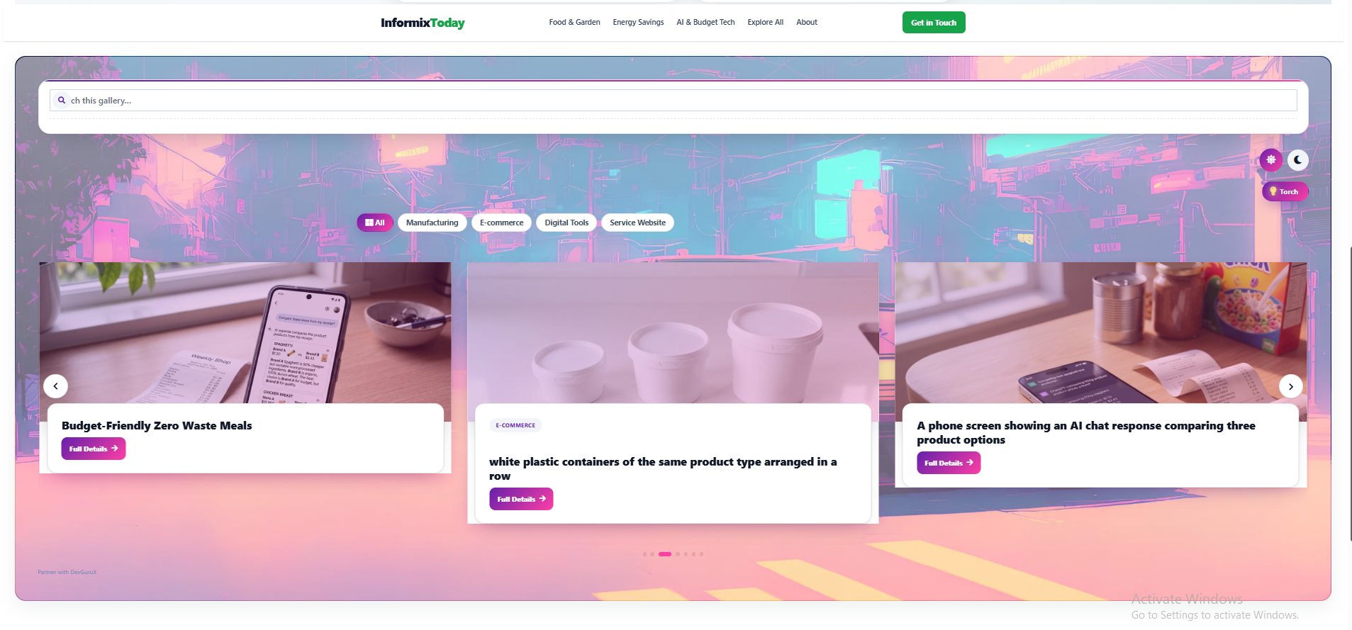 Swipe Slider layout demo showing website projects